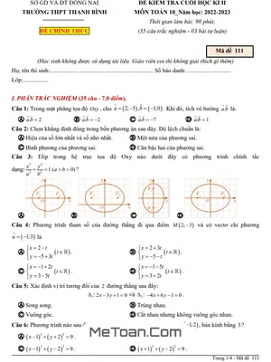 Đề thi học kì 2 Toán 10 năm 2022 - 2023 trường THPT Thanh Bình - Đồng Nai