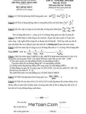 Đề thi HK1 Toán 11 năm 2019 - 2020 trường THPT Trần Phú - TP HCM