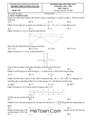 Đề thi giữa HK1 Toán 12 năm 2022 - 2023 trường THPT Lương Văn Can - TP HCM