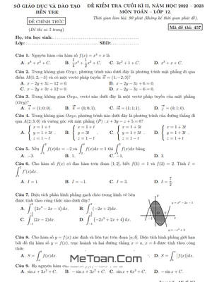 Đề kiểm tra cuối kì 2 Toán 12 năm 2022 - 2023 sở GD&ĐT Bến Tre