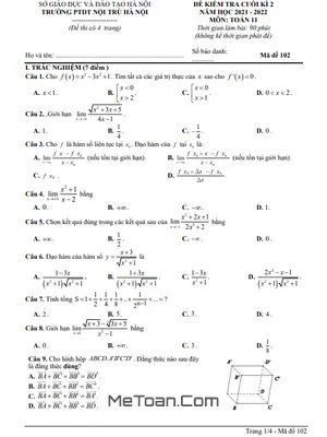 Đề thi Toán 11 cuối kì 2 năm 2021-2022 trường PTDT Nội Trú Hà Nội