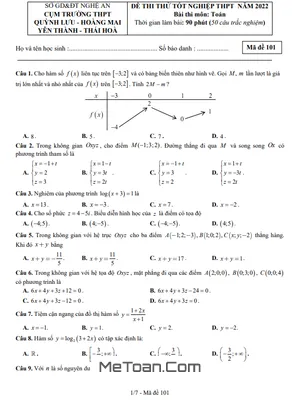 Đề thi thử tốt nghiệp THPT 2022 môn Toán cụm trường THPT – Nghệ An