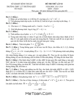 Đề Thi Thử Quốc Gia Môn Toán Trường Lý Thường Kiệt - Bình Thuận Lần 2 - 2016