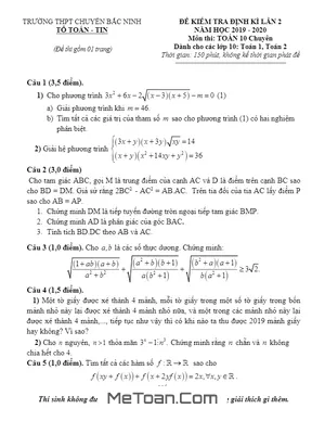 Đề kiểm tra định kỳ lần 2 Toán 10 năm 2019 - 2020 trường chuyên Bắc Ninh