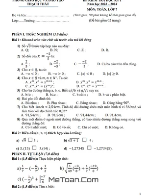 Đề thi học kỳ 1 Toán 7 năm 2023 - 2024 phòng GD&ĐT Thạch Thất - Hà Nội