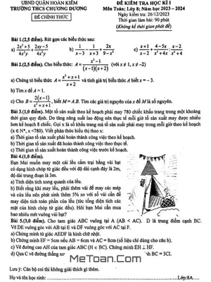 Đề học kì 1 Toán 8 năm 2023 – 2024 trường THCS Chương Dương – Hà Nội