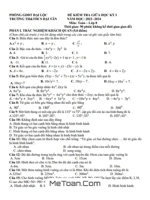 Đề Thi Giữa Kì 1 Toán 8 Năm 2023 - 2024 Trường TH&THCS Đại Tân - Quảng Nam