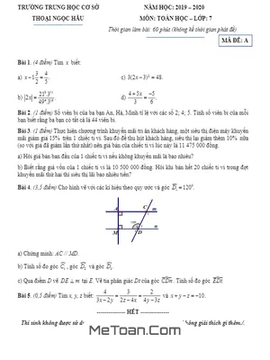 Đề thi giữa HK1 Toán 7 năm 2019 – 2020 trường Thoại Ngọc Hầu – TP HCM
