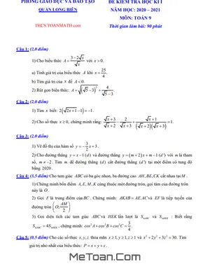 Đề thi học kì 1 Toán 9 năm 2020 - 2021 phòng GD&ĐT Long Biên - Hà Nội