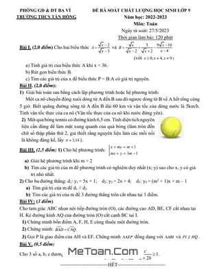 Đề rà soát Toán 9 năm 2022 - 2023 trường THCS Tản Hồng - Hà Nội