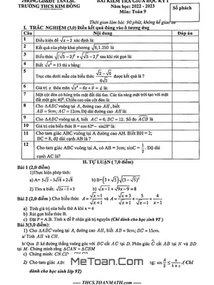 Đề thi giữa học kỳ 1 Toán 9 năm 2022 - 2023 trường THCS Kim Đồng - Hòa Bình
