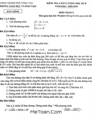 Đề thi học kỳ 2 Toán 9 năm 2020 - 2021 trường THCS Vũng Tàu - BR VT