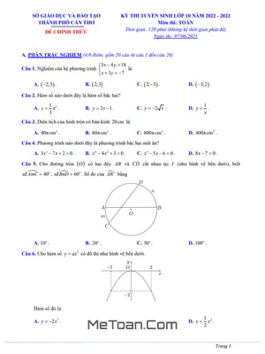 Đề thi tuyển sinh lớp 10 THPT môn Toán năm 2022 - 2023 Sở GD&ĐT Cần Thơ