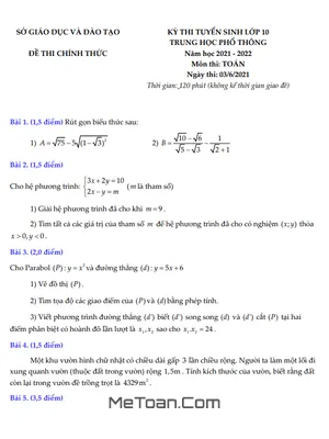 Đề thi tuyển sinh lớp 10 môn Toán năm 2021 - 2022 Sở GD&ĐT Bình Dương