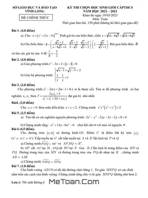 Đề thi chọn học sinh giỏi Toán THCS năm 2022 - 2023 Sở GD&ĐT Vĩnh Long
