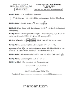 Đề thi HSG Toán 9 cấp huyện năm 2018 - 2019 phòng GD&ĐT Yên Lạc, Vĩnh Phúc (có đáp án)