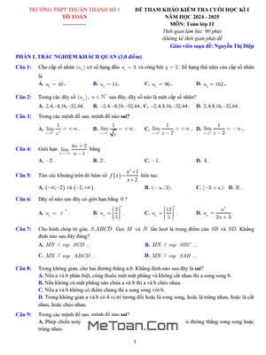 Trọn bộ 5 đề tham khảo cuối kì 1 Toán 11 năm 2024 - 2025 trường THPT Thuận Thành 1 – Bắc Ninh