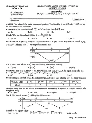 Đề Thi Giữa Học Kỳ 1 Môn Toán Lớp 12 Năm 2025 - 2026 Sở GD&ĐT Hưng Yên (Có Đáp Án)