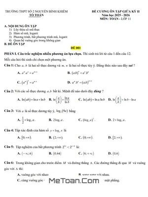 Đề cương giữa kỳ 2 Toán 11 năm 2025 – 2026 trường THPT Nguyễn Bỉnh Khiêm 2 – Gia Lai