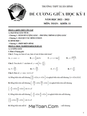Đề Cương Ôn Tập Giữa Kì 1 Toán 11 Năm 2022 - 2023 Trường THPT Xuân Đỉnh - Hà Nội
