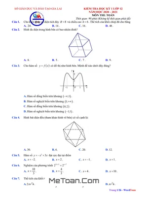 Đề thi HK1 Toán 12 năm học 2020 - 2021 sở GD&ĐT Gia Lai