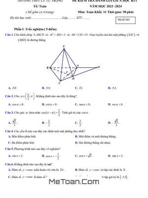 Đề thi giữa kì 1 Toán 11 năm 2023 - 2024 trường THPT Lý Tự Trọng - Khánh Hòa