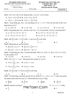 Đề Thi Giữa Kì 2 Toán 12 Năm 2022-2023 Trường THPT Nguyễn Trung Trực - Kiên Giang