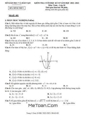 Đề thi cuối kỳ 2 Toán 10 năm 2022 - 2023 Sở GD&ĐT Bình Dương (Mã đề 401)