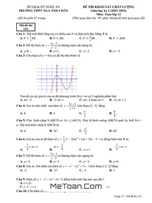 Đề thi giữa kì 1 Toán 12 năm 2021 - 2022 trường THPT Nguyễn Cảnh Chân - Nghệ An