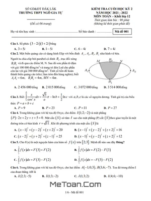 Đề thi HK2 Toán 12 năm 2021 – 2022 trường THPT Ngô Gia Tự – Đắk Lắk