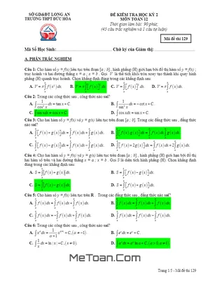 Đề thi HK2 Toán 12 năm 2016 - 2017 trường THPT Đức Hòa - Long An
