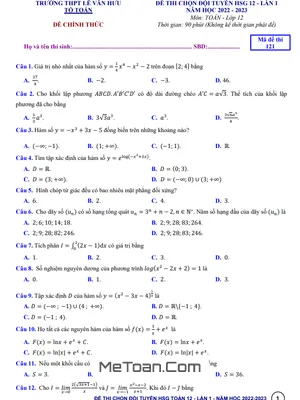 Đề HSG lần 1 Toán 12 năm 2022 – 2023 trường THPT Lê Văn Hưu – Thanh Hóa