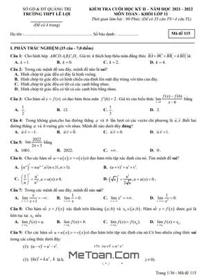 Đề thi học kì 2 Toán lớp 11 năm 2021 - 2022 trường THPT Lê Lợi - Quảng Trị (có đáp án)