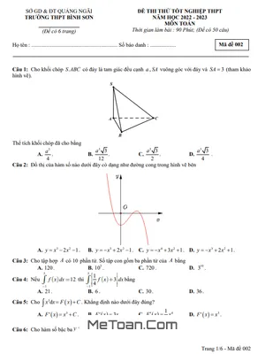 Đề Thi Thử Tốt Nghiệp THPT 2023 Môn Toán Trường THPT Bình Sơn - Quảng Ngãi