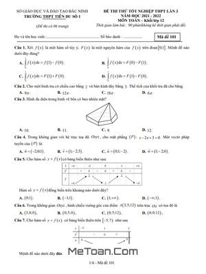 Đề thi thử tốt nghiệp THPT 2022 môn Toán lần 3 trường THPT Tiên Du số 1 – Bắc Ninh