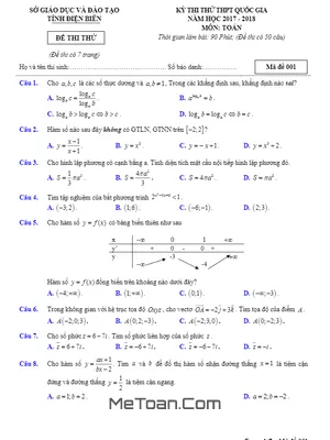 Đề thi thử THPT Quốc gia 2018 môn Toán sở GD&ĐT Điện Biên - Mã đề 001