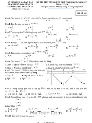 Đề Thi Thử THPT Quốc Gia 2017 Môn Toán Trường THPT Nguyễn Du - TP. HCM