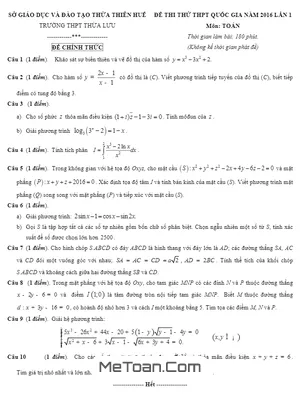 Đề Thi Thử THPT Quốc Gia 2016 Môn Toán Trường THPT Thừa Lưu - Thừa Thiên Huế Lần 1