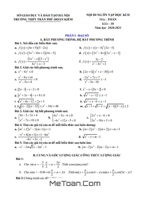 Ôn Tập HK2 Toán 10 Năm 2020 - 2021 Trường THPT Trần Phú - Hà Nội