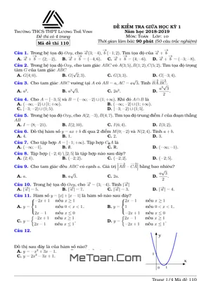 Đề thi giữa kỳ 1 Toán 10 năm 2018 - 2019 trường Lương Thế Vinh - Hà Nội (có đáp án)