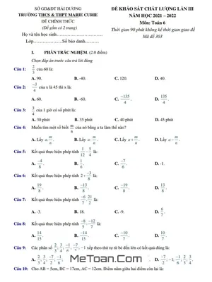Đề khảo sát Toán lớp 6 lần 3 năm 2021 - 2022 trường Marie Curie - Hải Dương