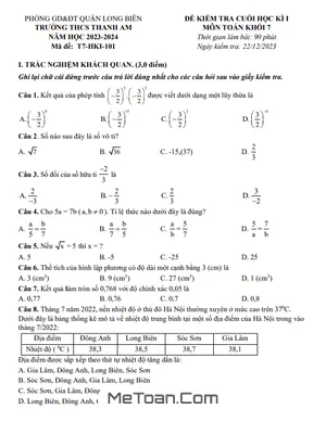 Đề thi học kì 1 Toán 7 năm 2023 - 2024 trường THCS Thanh Am - Hà Nội