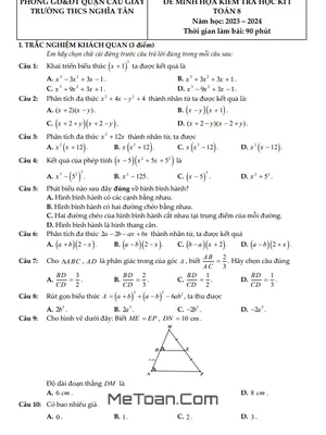 Đề minh họa học kì 1 Toán 8 năm 2023 - 2024 trường THCS Nghĩa Tân - Hà Nội