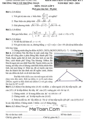Đề thi học kỳ 1 Toán 9 năm 2023 - 2024 trường THCS Võ Trường Toản - BR VT