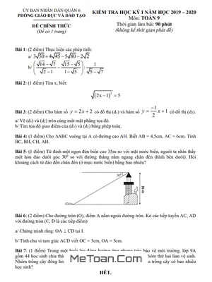 Đề thi học kỳ 1 Toán lớp 9 năm 2019 - 2020 phòng GD&ĐT Quận 6 - TP HCM
