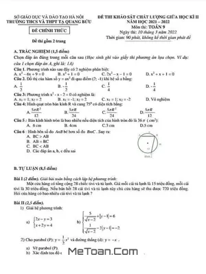 Đề thi giữa học kì 2 Toán 9 năm 2021 - 2022 trường Tạ Quang Bửu - Hà Nội
