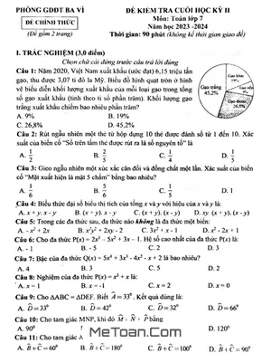 Đề thi cuối kỳ 2 Toán 7 năm 2023 - 2024 phòng GD&ĐT Ba Vì - Hà Nội