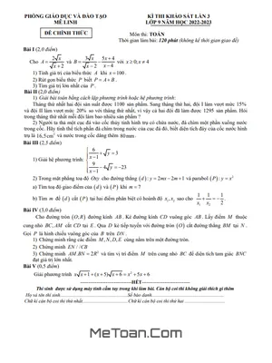Đề khảo sát Toán 9 lần 3 năm 2022 - 2023 phòng GD&ĐT Mê Linh - Hà Nội