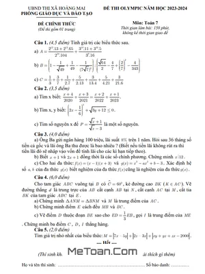 Đề thi Olympic Toán 7 năm 2023 - 2024 phòng GD&ĐT Hoàng Mai - Nghệ An