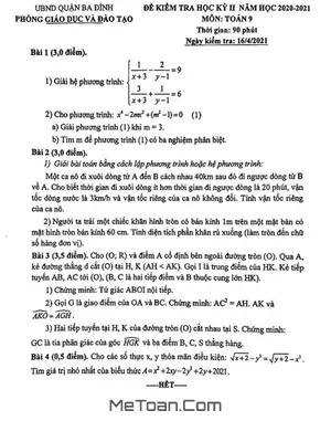 Đề thi học kỳ 2 Toán 9 năm 2020 - 2021 phòng GD&ĐT Ba Đình - Hà Nội